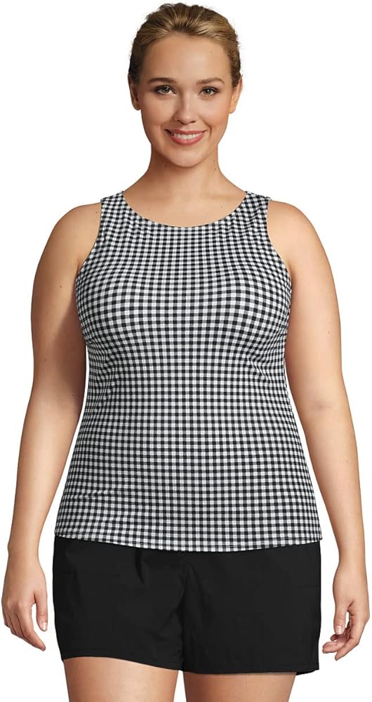 Lands' End Womens Chlorine Resistant High Neck Tankini Top Black/White Gingham Plus 26w