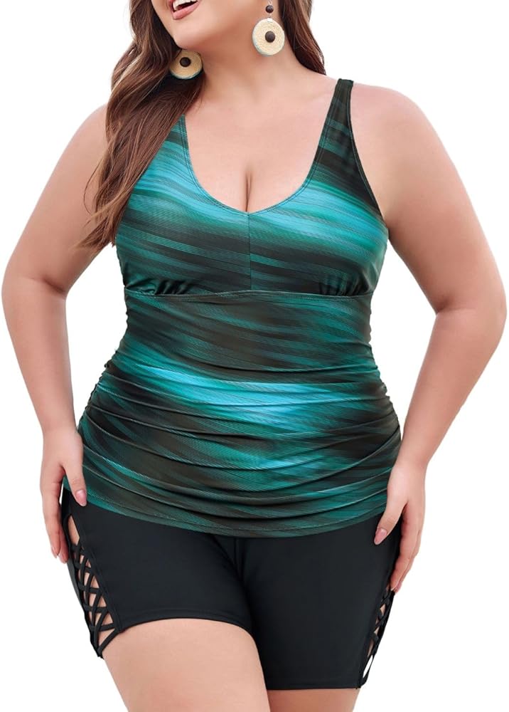 Hanna Nikole Womens Plus Size Tankini Swimsuit Two Piece Bathing Suit with Strappy Shorts Tummy Control Swimwear