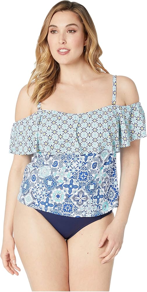 24th & Ocean Women's Plus Size Off Shoulder Ruffle Tankini Swimsuit Top