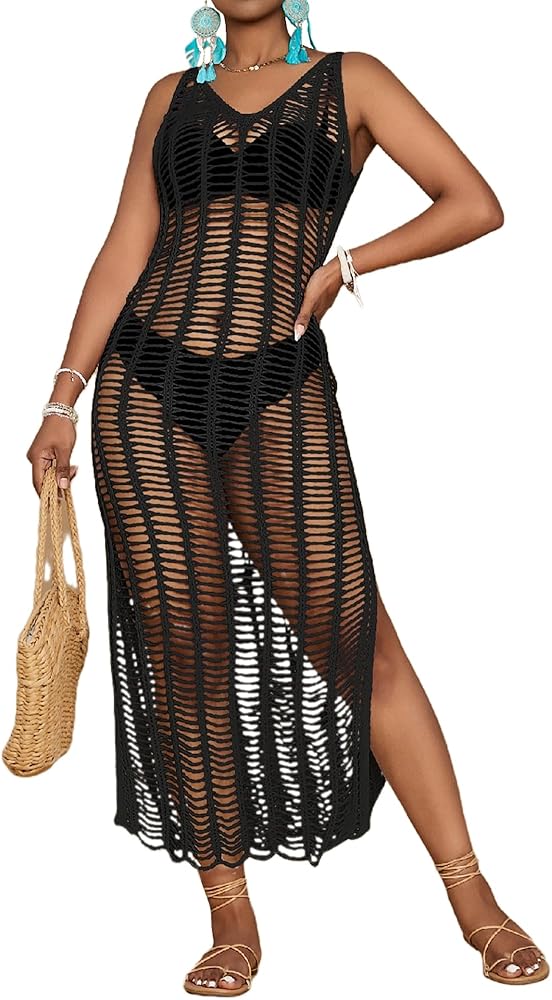 Bsubseach Beach Cover Up Sexy Hollow Out Crochet Cover Up Sleeveless Knitted Beach Outfits Bathing Suit Cover Up