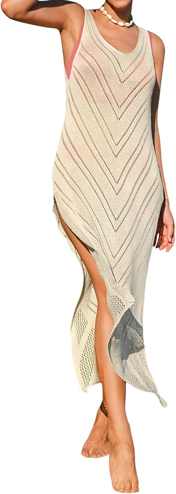 CUPSHE Women's Crochet Coverups Sleeveless Beachwear Dresses Sexy Side Slit Maxi Beachwear 2024