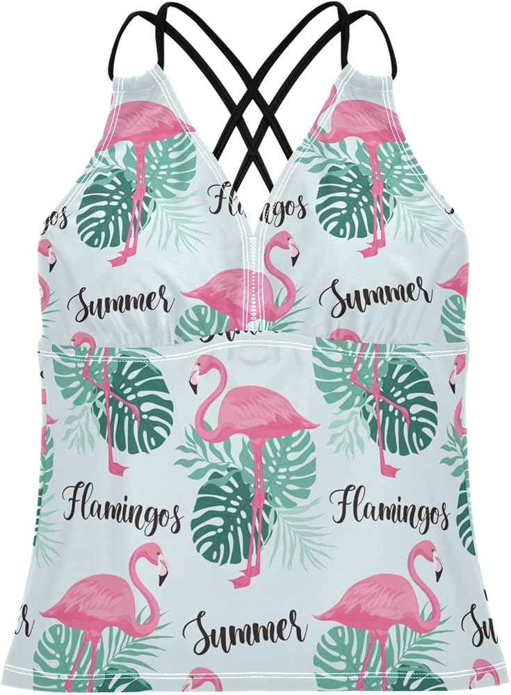 Flamingo Hope Palm Tropical Women's Tankini Tops Bathing Suit Tummy Control Swimsuits Tops