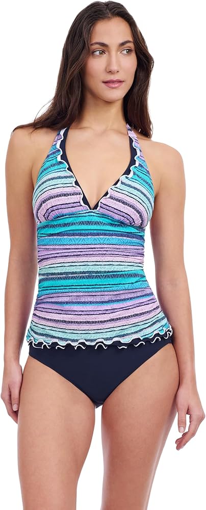 Profile by Gottex Harmony Blue Women’s Ruffle Trim Halter Tankini Bathing Suit Top Swim Essential - Stylish Beachwear