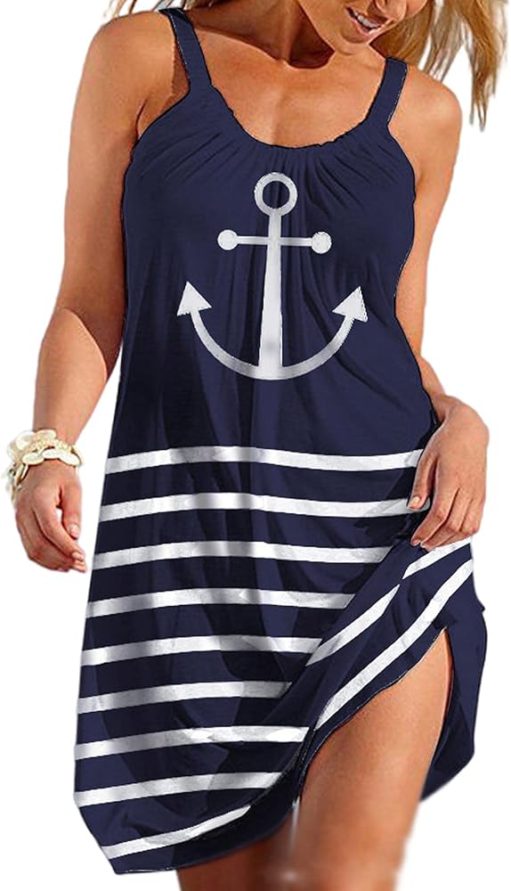 Sexyshine Women's Oversized Sleeveless Anchor Printed Loose Dresses Summer Beach Swimsuit Cover Up Mini Halter Dress