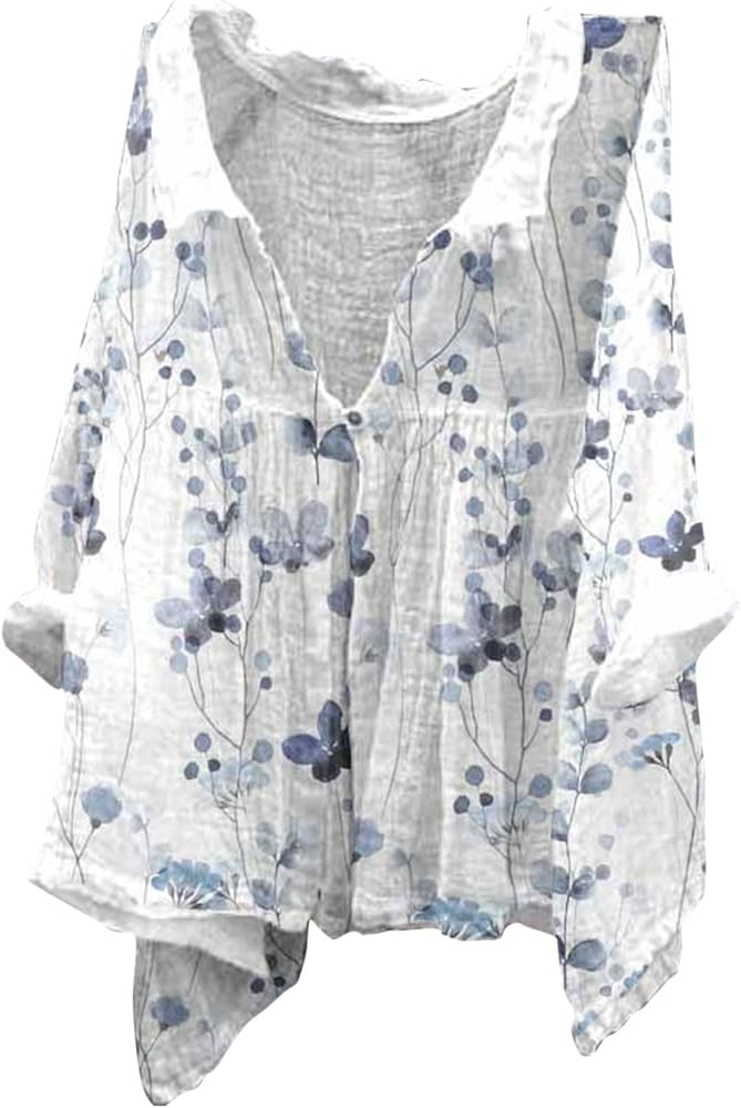 Baggy Linen Shirts for Women Casual Collared V Neck Long Sleeve Button Down Shirts Floral Print Gauze Shirt Blouses