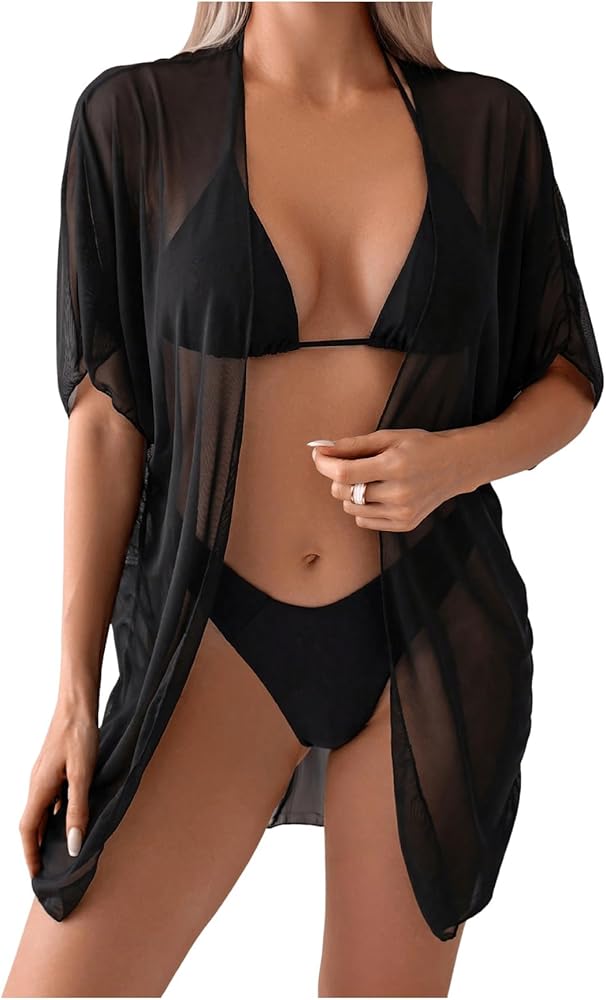 SOLY HUX Women's Beach Cover Up Sheer Mesh Kimono Cardigan Bikini Swimsuit Cover Ups