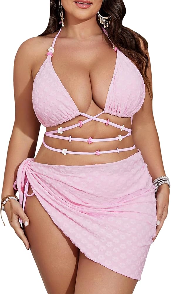 SOLY HUX Women's Plus Size Textured Halter Neck Swimsuit Criss Cross Bikini with Cover Up Beach Skirts