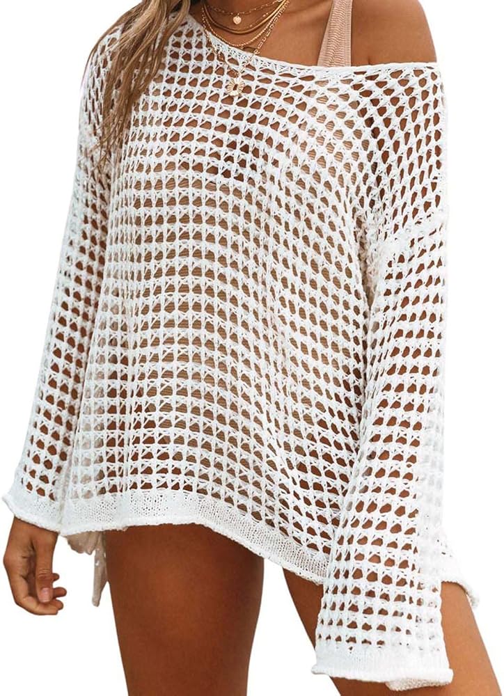 AILUNSNIKA Crochet Cover Ups for Women Hollow Out Swimsuit Cover Ups Long Sleeve Knitted Beach Cover Up