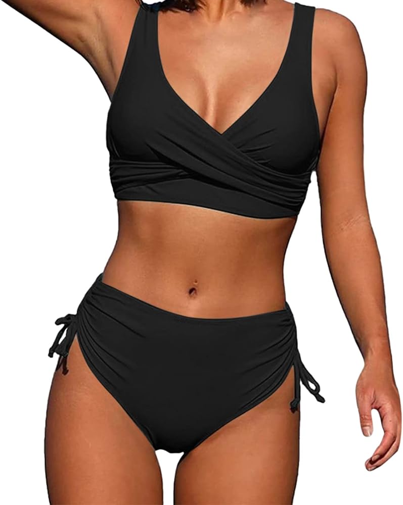 High Waisted Bikini Sets for Women Tummy Control Swimsuits Cute Drawstring Two Piece Bathing Suit 2024