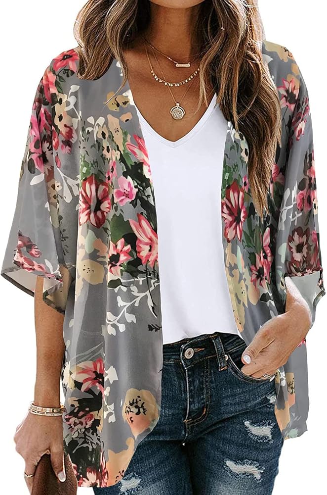 Kimono Cardigans for Women Summer Floral Print Cardigan Beach Boho Coverups 2023 Trendy Casual Chiffon Shirts