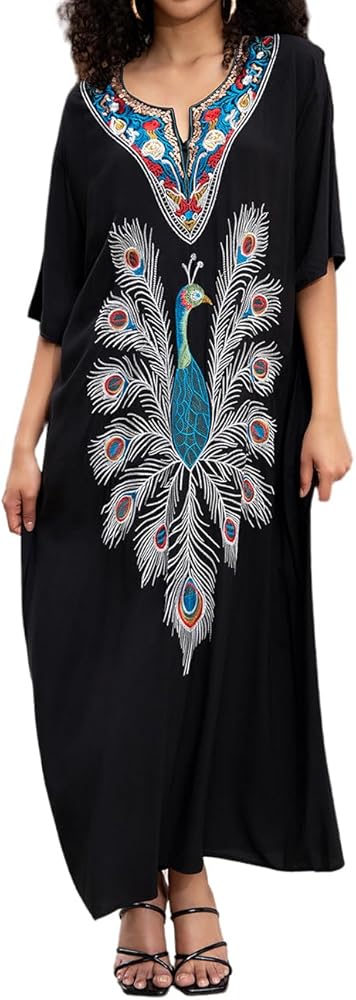 Bsubseach Embroidery Caftans for Women Plus Size Beach Kaftan Dress Long Beach Cover Ups Swimwear Loungewear Black