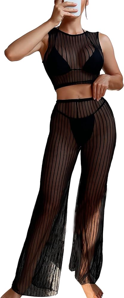 WDIRARA Women's Sheer Mesh 2 Piece Sexy Swim Cover Up Set Striped Crop Top and Flare Pants