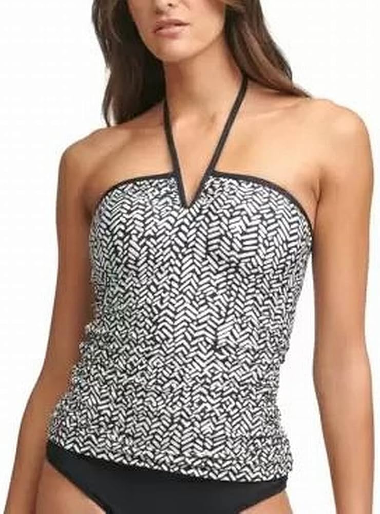 Calvin Klein Women's Black Printed V-Wire Removable Cups Stretch UV Protection Tie Halter Tankini Swimsuit Top XS