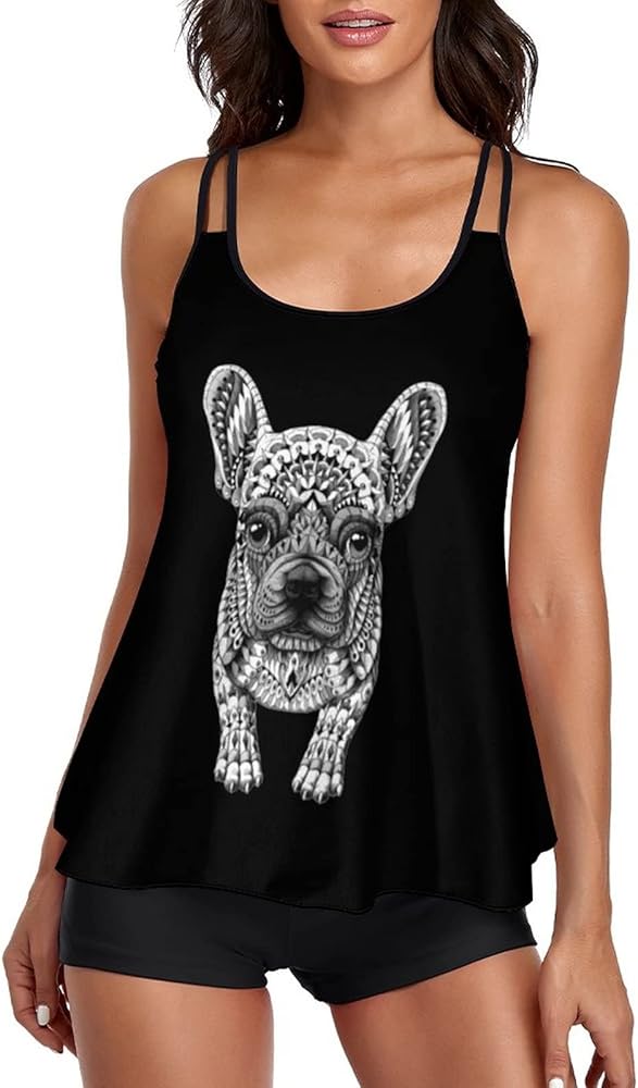 Frenchie French Bulldog Women Two Piece Tankini Swimwear Swimsuits Bathing Suits Set with Strappy Top and Shorts