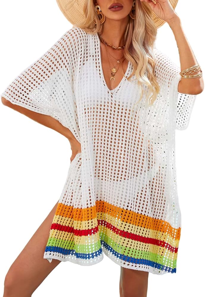 Swim Cover Up for Women Crochet Swimsuit Coverups with Tie Waist Bikini Bathing Suit Cover Ups for Beach Pool(White)