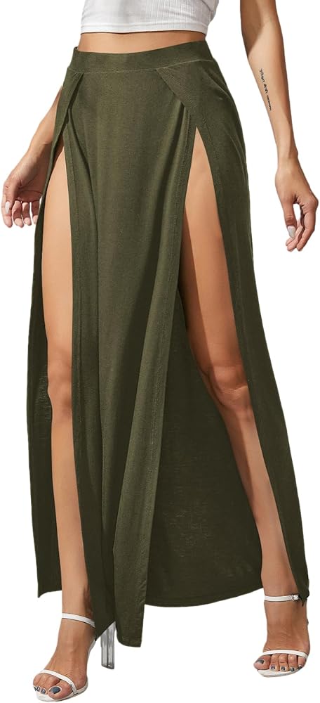 Verdusa Women's Elastic Waist High Split Wrap Flowy Long Maxi Skirt