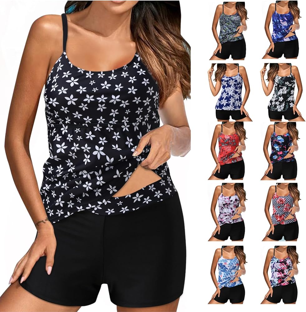 Tankini Swimsuits for Women 2 Piece Bathing Suits Tops 2024 Summer Beach Floral Printed Boho Modest Baggy Swimwear