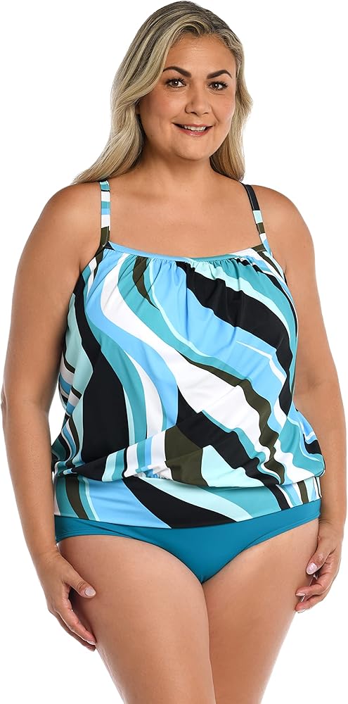 Maxine Of Hollywood Women's Bandeau Tankini Swimsuit Top, Multi//Retro Wave, 16W