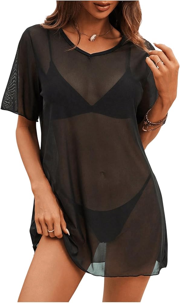 SweatyRocks Women's Sheer Mesh Short Sleeve Cover Ups Round Neck Summer Loose Beachwear Shirt