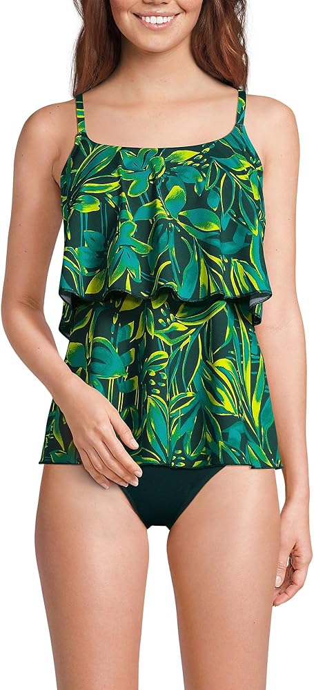 Lands' End Womens Chlorine Resistant Scoop Neck Tiered Tankini Top Deep Balsam Graphic Floral Regular Small