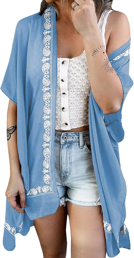 Flygo Women's Chiffon Kimono Cardigans Lightweight Summer Boho Beach Swimsuit Cover Ups