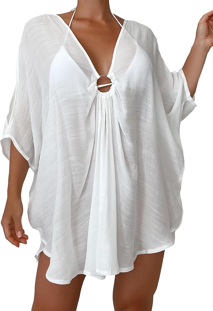 Verdusa Women's Ring Linked Deep V Neck Split Hem Sheer Beachwear Cover Ups