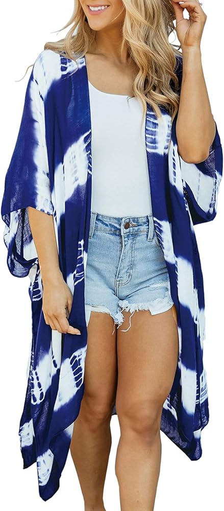 Chunoy Women Casual Raglan Sleeve Tie Dye Striped Flowy Loose Lightweight Long Chiffon Kimono Cardigan Beach Wear Kaftan Cover Up Blue Small