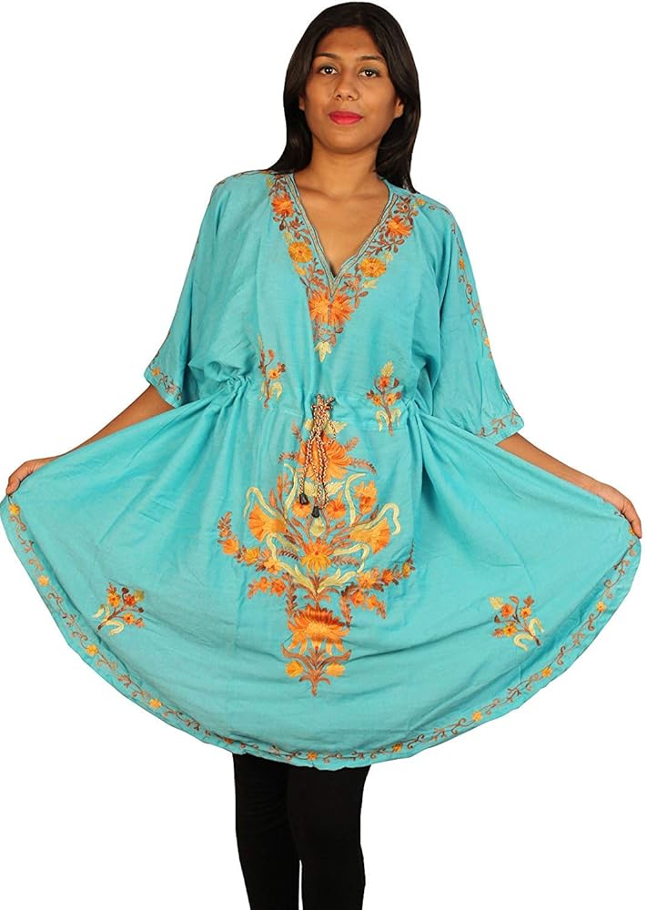 Womens Cotton Kashmiri Kaftan Embroidered Short Length Dress Beach Cover UP (DX001EX81M7)