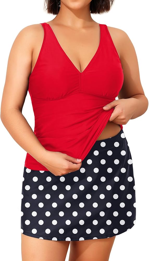 Daci Women Plus Size Tummy Control Tankini with Skirt Two Piece Bathing Suits V Neck Swimsuits