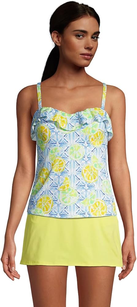 Lands' End Womens Chlorine Resistant Underwire Sweetheart Ruffle Tankini Top-Control Classic Cobalt Citrus Geo Regular 4