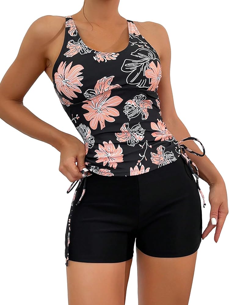 WDIRARA Women's 2 Piece Floral Print Drawstring Side Swimwear Set Ruched Tankini Tops and Shorts Swimsuit Sets Bathing Suit