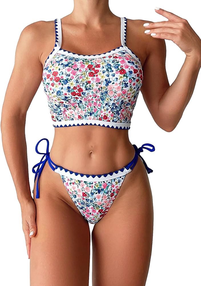 SHENHE Women's 2 Piece Swimsuit Ditsy Floral Color Block Bathing Suit Tie Side Thong Tankini Set