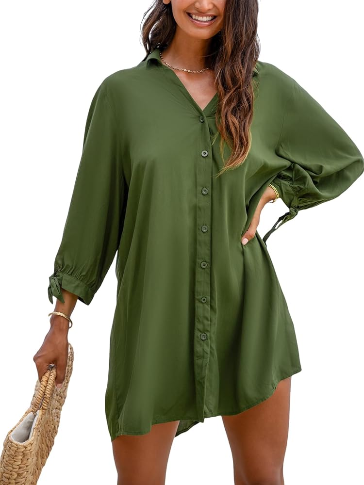 CUPSHE Women Shirt Mini Beach Cover Up Dress 3/4 Sleeve Cuff Tie Button Down Summer Dresses Cover Ups Vacation