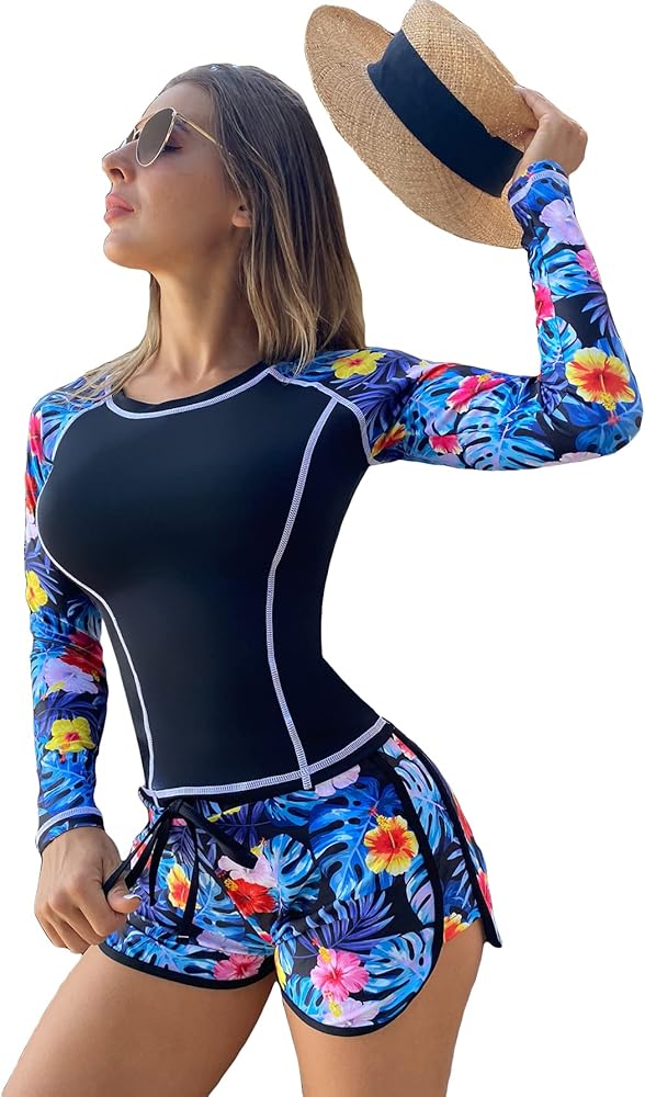 MakeMeChic Women's 3 Piece Tankini Bathing Suits Floral Long Sleeve Surfing Swimsuit