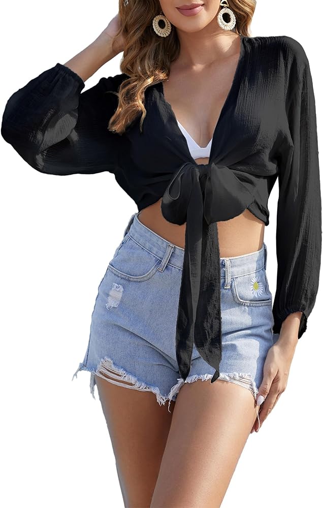 Women's Beach Cover Up Crop Top Tie Front V Neck Summer Long Sleeve Swimsuits