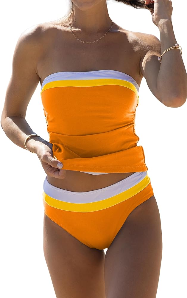 Beachsissi Bandeau Swimsuits for Women Strapless Swimwear Bathing Suits Tummy Control Color Block Tankini Sets