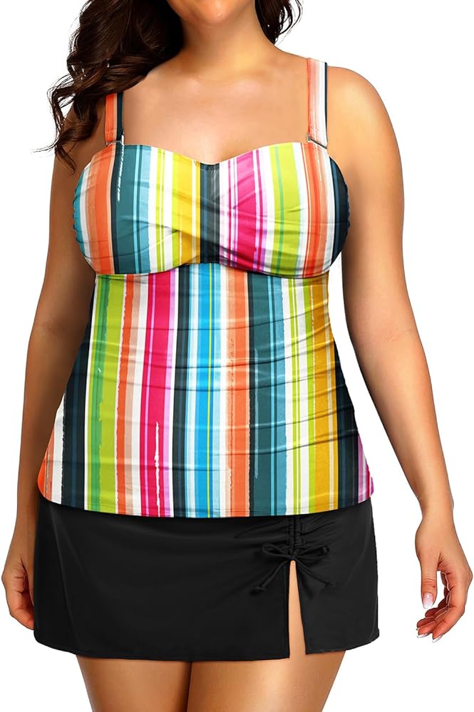 Women Plus Size Tankini Swimsuit with Skirt Two Piece Bathing Suits Tummy Control Swimwear Colourful Stripe 22W