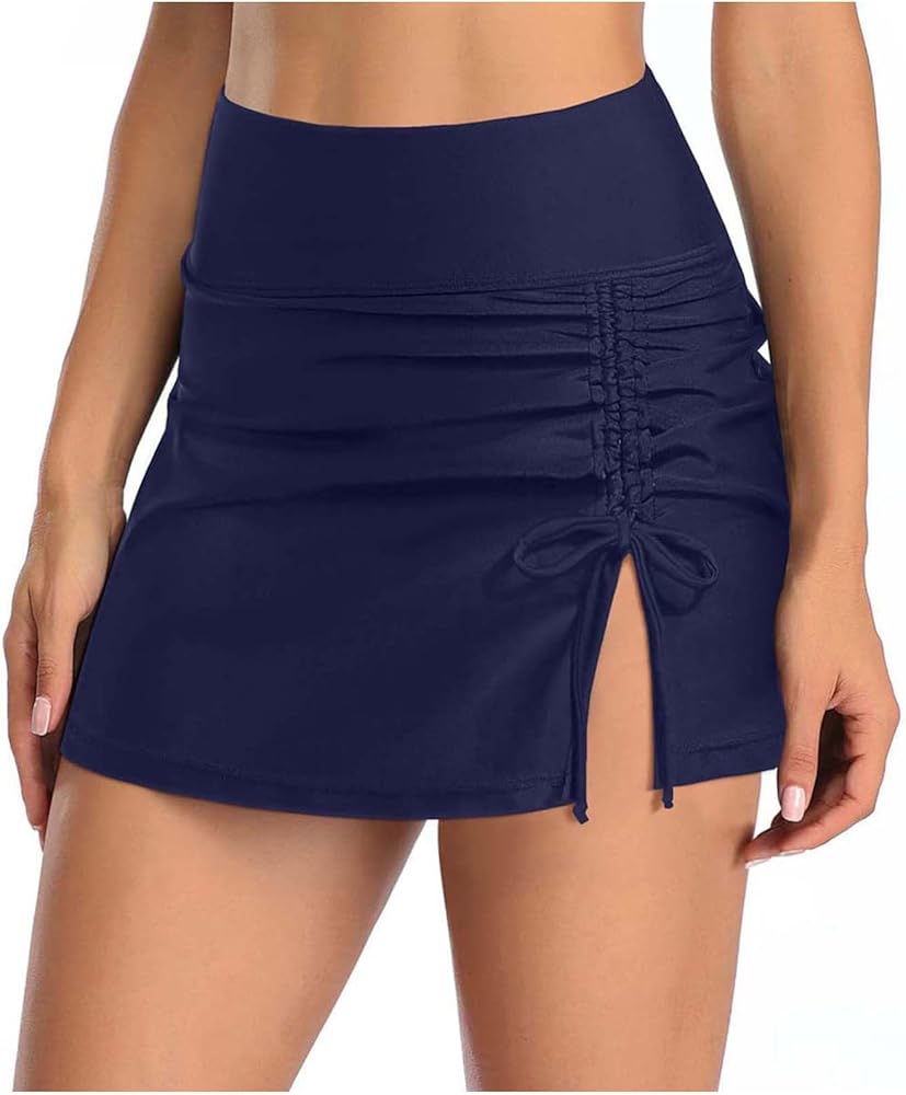 Womens High Waist Swim Skirt Split Drawstring Skirted Sporty Swimsuit Bottoms Modest Swim Skort with Built-in Panty