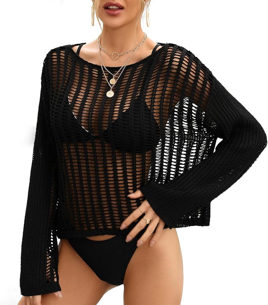 Crochet Cover Ups for Women Sexy Hollow Out Long Sleeve Beach Swimsuit Cover Up