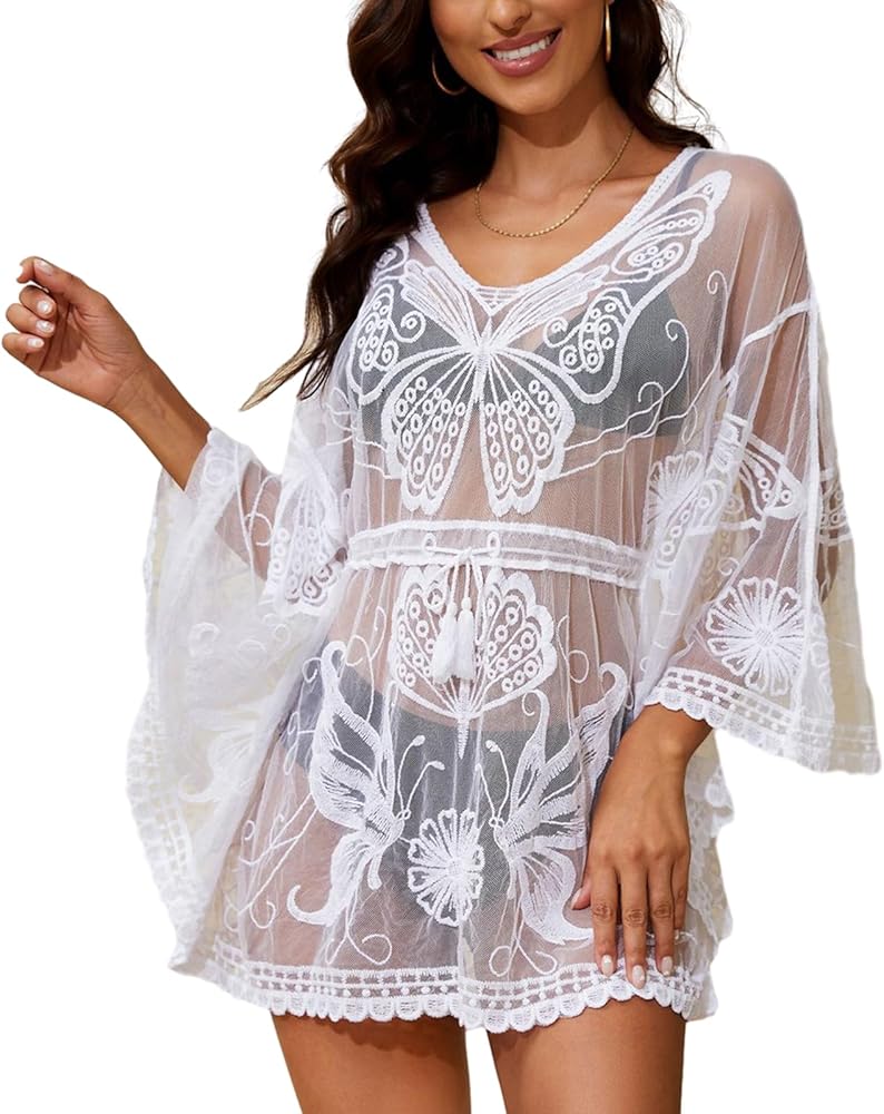 Women's Sexy Butterfly Swimsuit Cover Ups Casual See Through Sheer Mesh Short Mini Dress for Swimwear