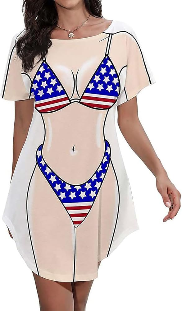 Women's Cute Bikini Shirt Dress Short Sleeve Print Funny Print Baggy Swimwear Beach Cover-Up