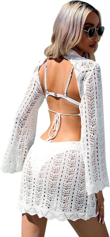 Women's Crochet Hollow Out Bathing Suit Cover Up Backless Bikini Cover Ups Beach Dresses