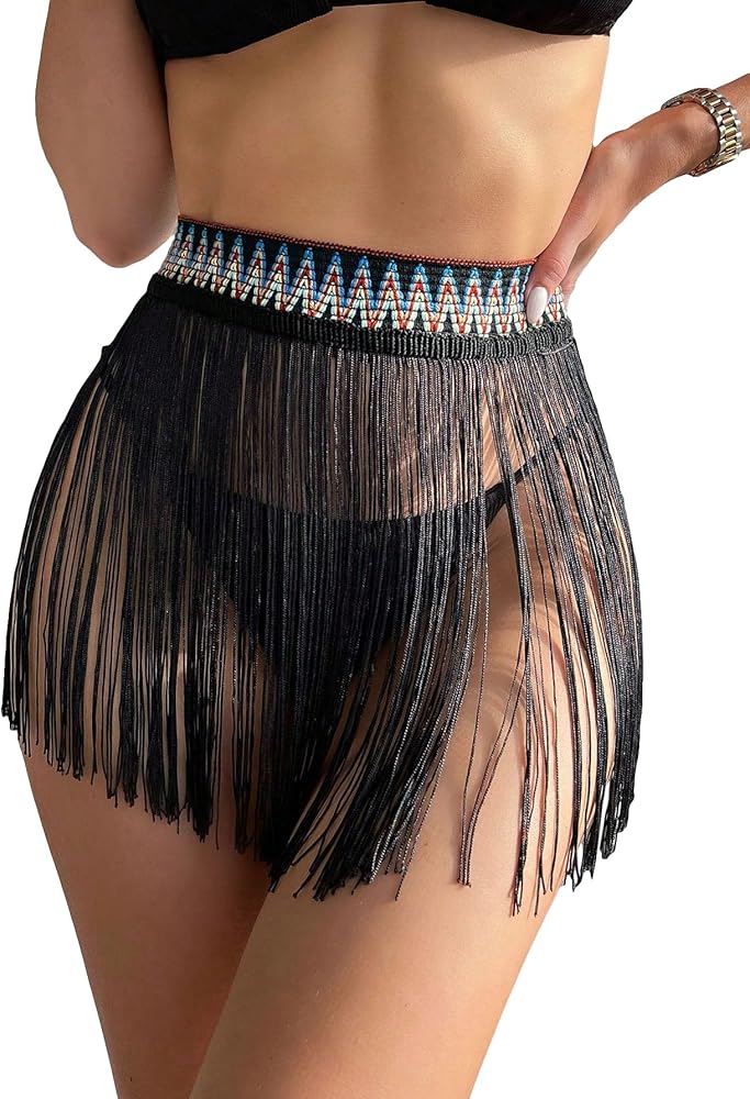 GORGLITTER Women's Fringe Swimsuit Cover Up Boho Elastic Waist Mini Skirt