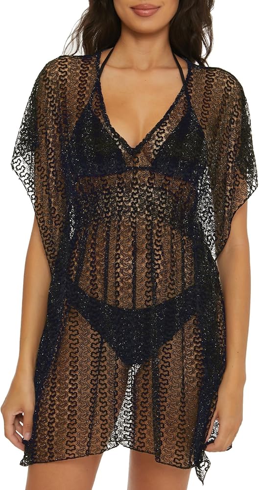 Becca by Rebecca Virtue Women's Standard Golden Tunic, Plunge Neck, Crochet, Beach Cover Ups, Black