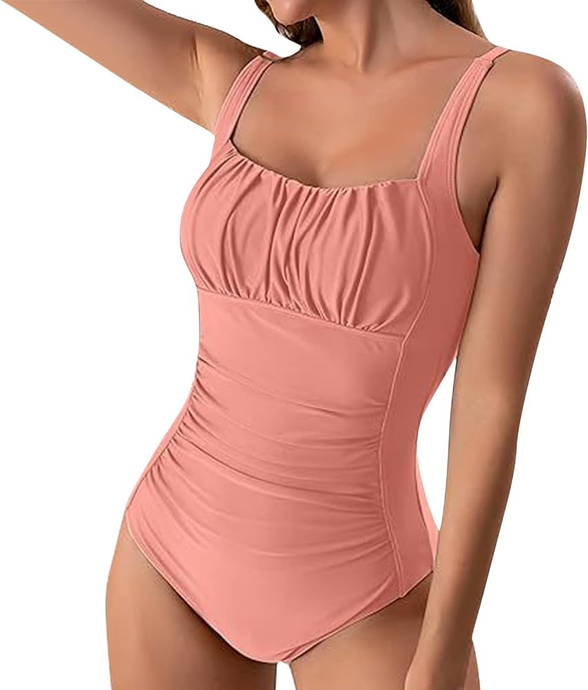 Women's One Piece Tummy Control Swimsuits Slimming Bathing Suit Support Full Coverage Square Neck Swimwear Pleated