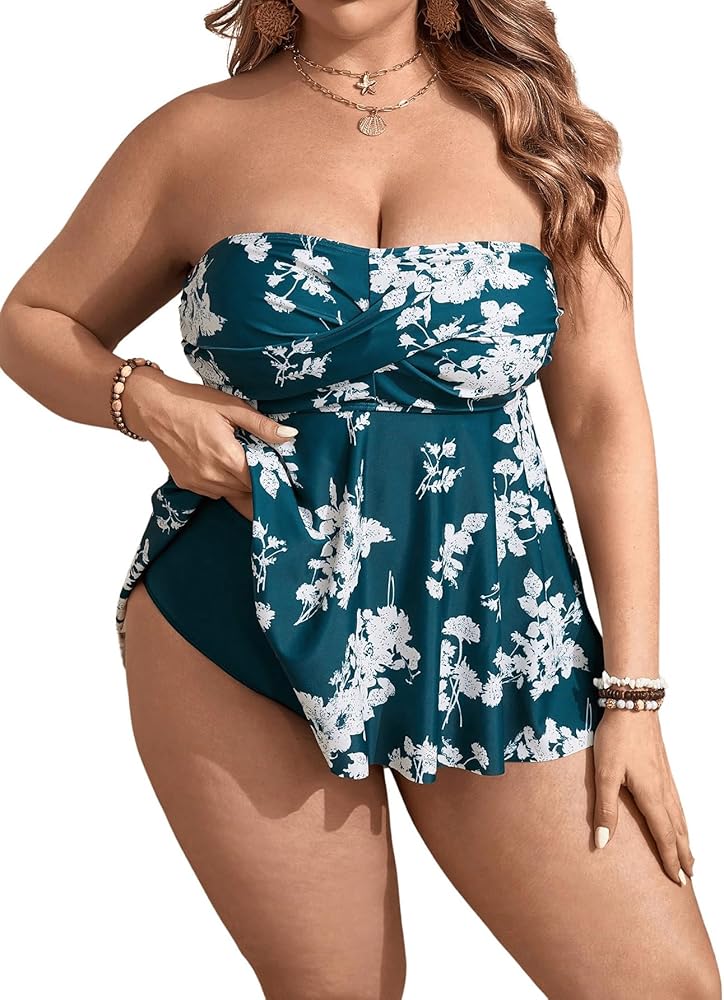 MakeMeChic Women's Plus Size 2 Piece Tankini Set Floral Allover Print Twist Front Strapless Ruffle Bandeau Beach Swimsuit