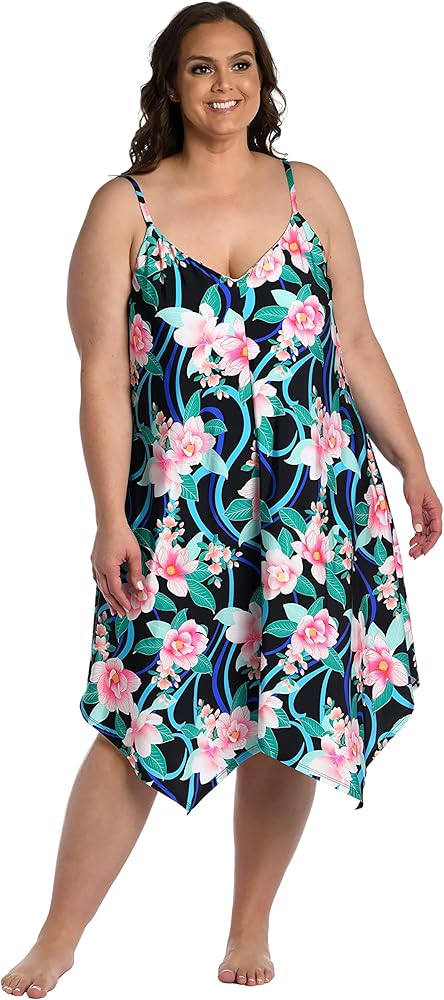 La Blanca Women's V-Neck Dress Swimsuit Cover Up, Black//Nightfall Blooms, 1X