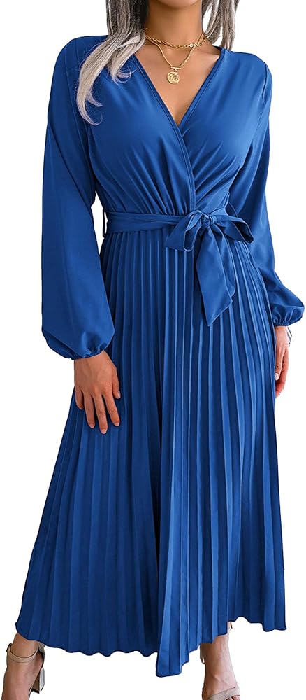 Womens Casual Dress Wrap V Neck Long Sleeve A Line Pleated Swing Dress Tie Waist Solid Flowy Dress for Wedding Guest