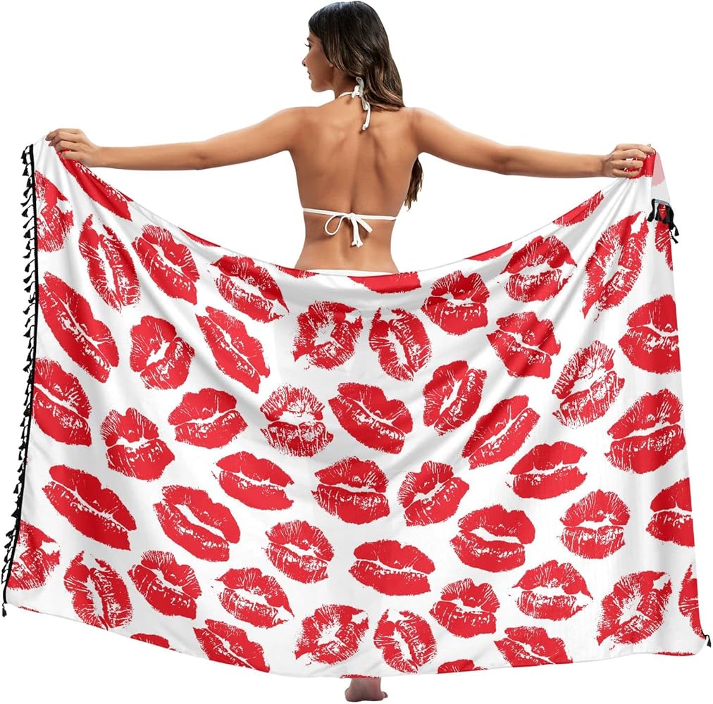 Red Lips Sarong Skirt Cover Ups for Women, Aesthetic Print Beach Swimwear Suit Wrap Dress 2 Sizes