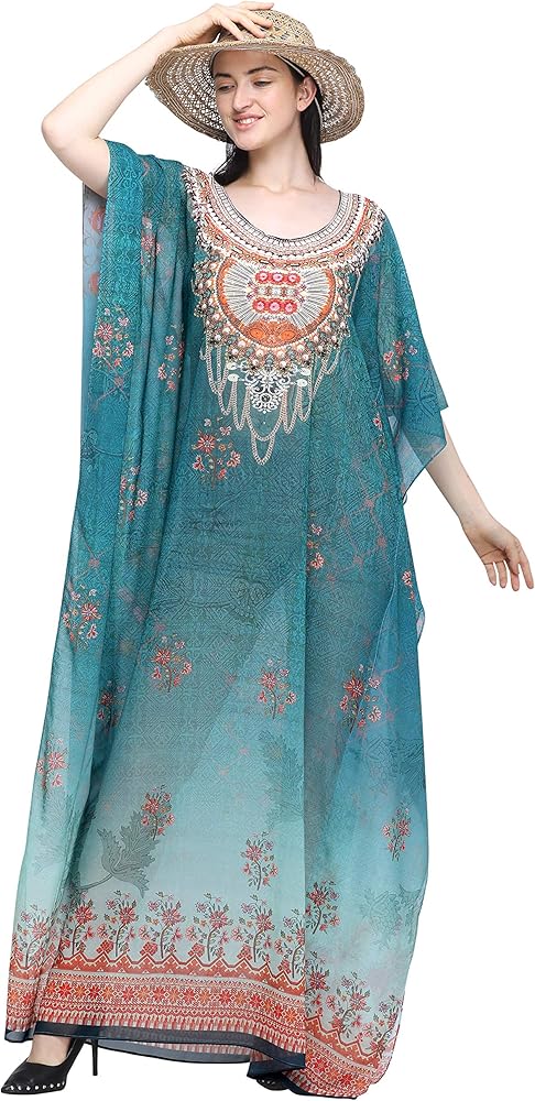 Sea Green Digital Printed Beachwear Multicolored Stones Womens Kaftan